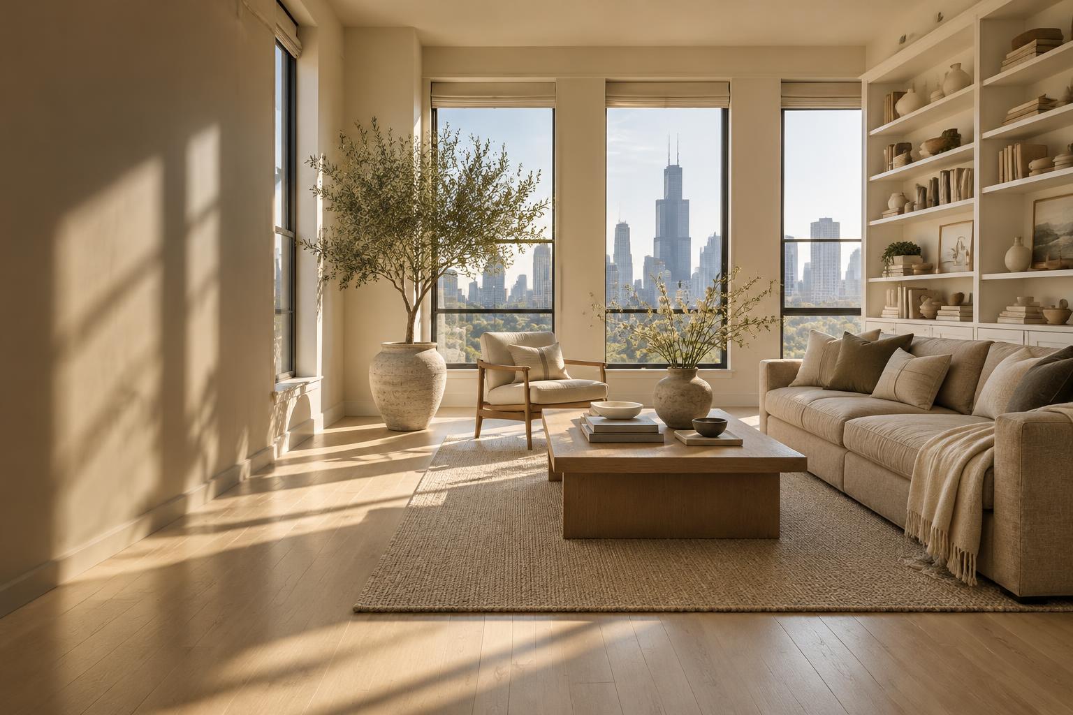 A calm, thoughtfully organized Chicago home with natural oak and warm sunlight
