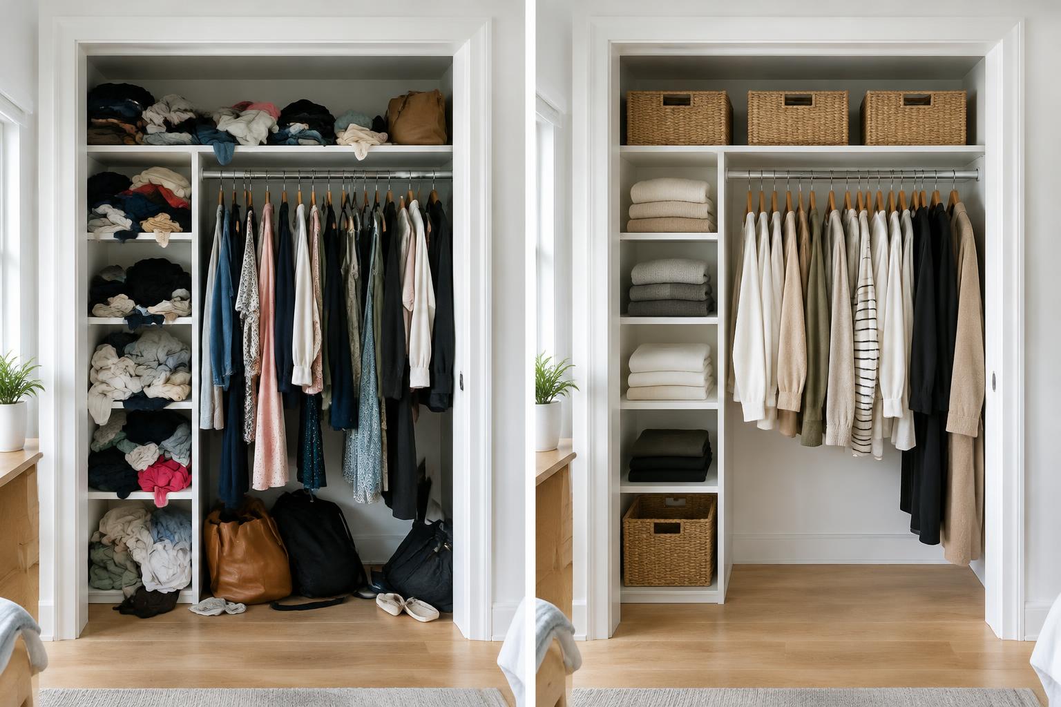 Illustrative closet before and after organizing